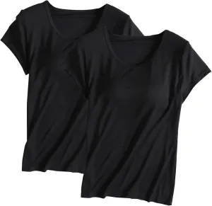 2 Pack Tops with Built in Bra for Women Short Sleeve Crewneck Solid Basic Tee Shirts Summer Loose Fit Soft Pajama Tops