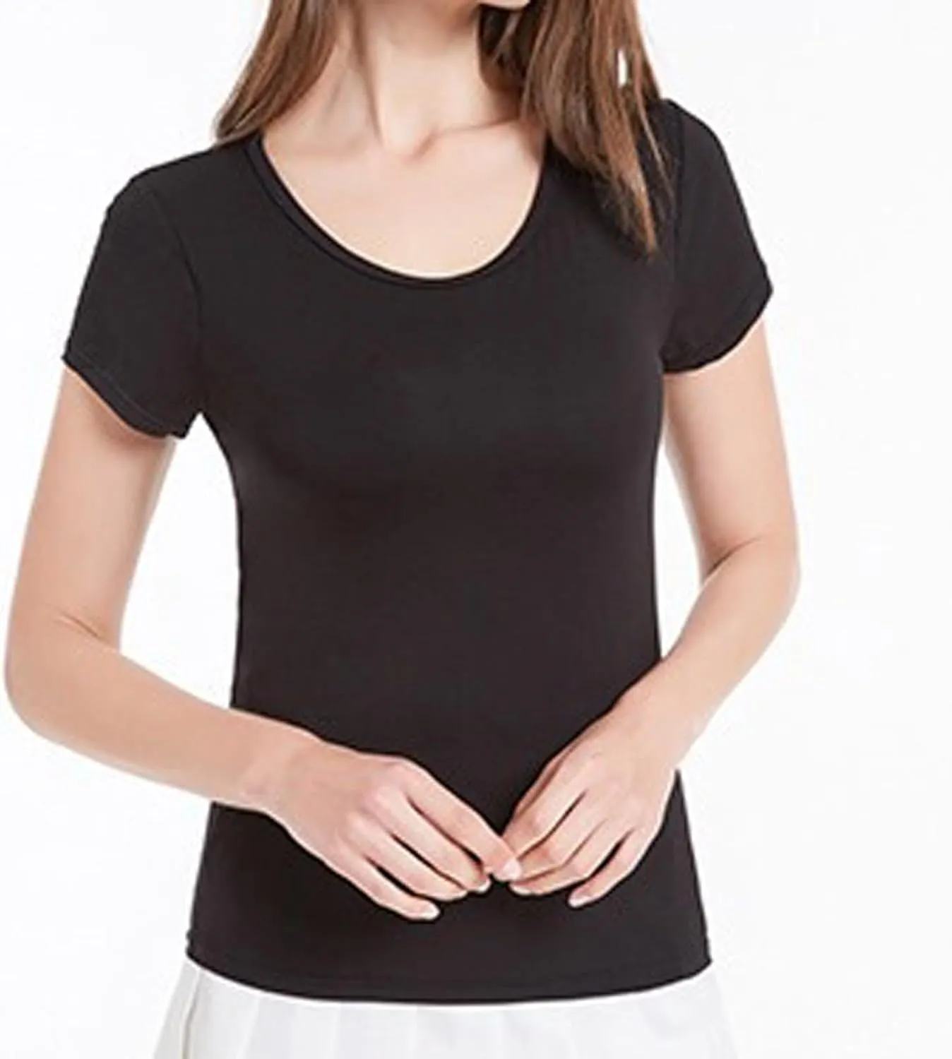 2 Pack Tops with Built in Bra for Women Short Sleeve Crewneck Solid Basic Tee Shirts Summer Loose Fit Soft Pajama Tops