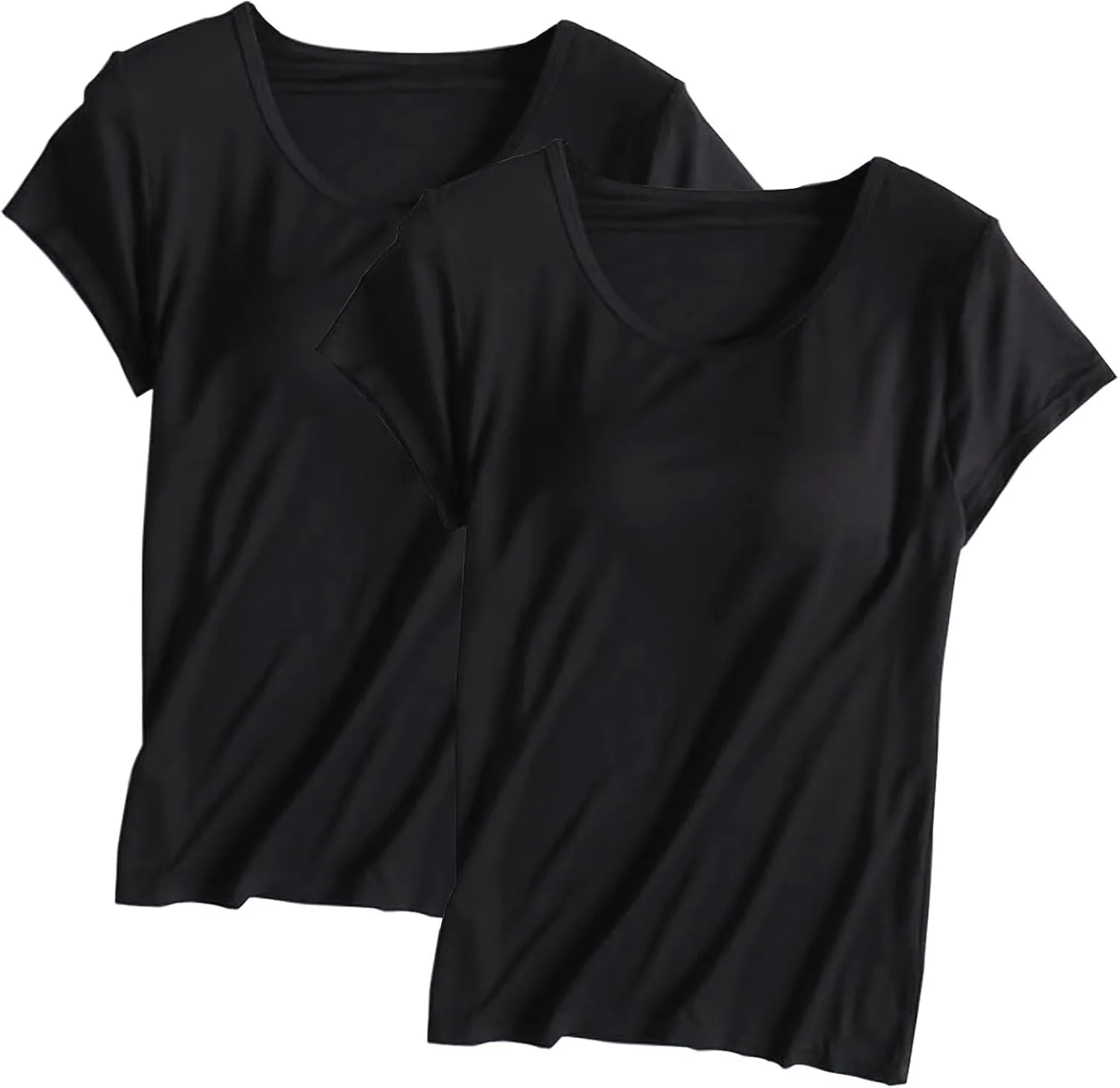 2 Pack Tops with Built in Bra for Women Short Sleeve Crewneck Solid Basic Tee Shirts Summer Loose Fit Soft Pajama Tops