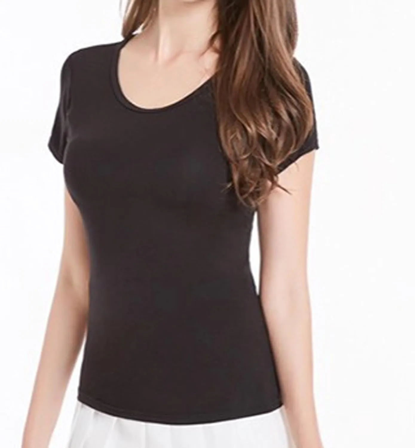 2 Pack Tops with Built in Bra for Women Short Sleeve Crewneck Solid Basic Tee Shirts Summer Loose Fit Soft Pajama Tops