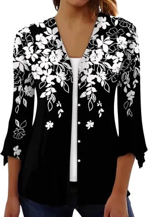 3/4 Sleeve Cardigans for Women Lightweight Extra Soft Open Front Casual Vintage Floral Print Various Style Cardigan