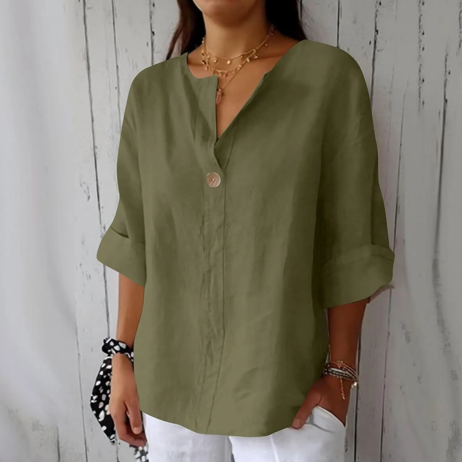 3/4 Sleeve Shirts for Women Solid Color Basic Summer Tops Casual Button V-Neck Pullover Blouse Ladies Tunic Tshirt