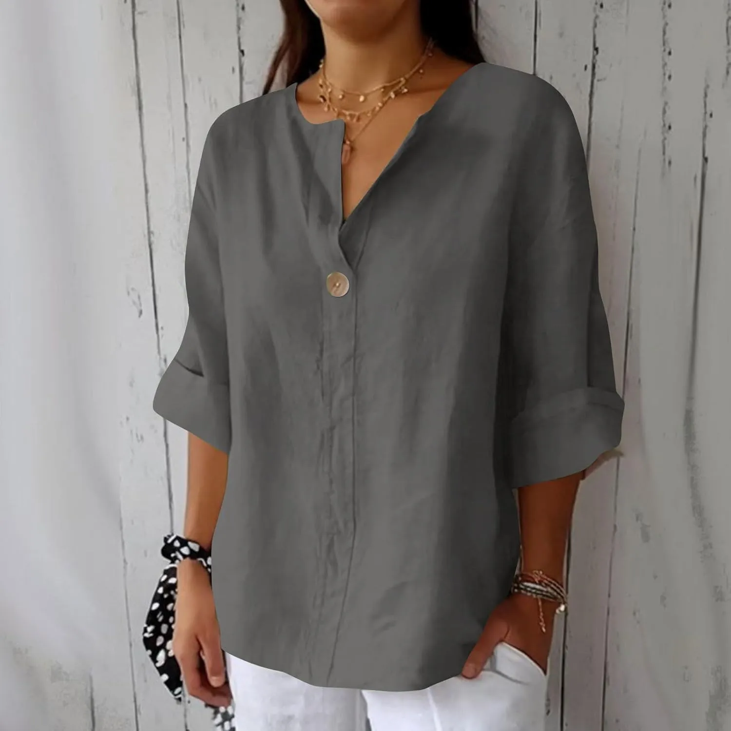 3/4 Sleeve Shirts for Women Solid Color Basic Summer Tops Casual Button V-Neck Pullover Blouse Ladies Tunic Tshirt