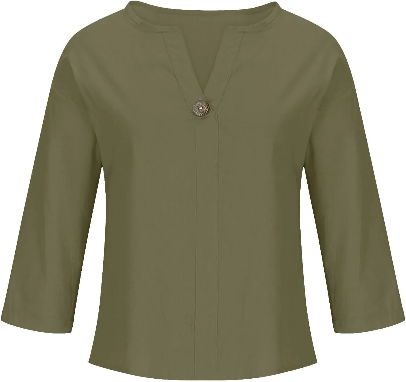 3/4 Sleeve Shirts for Women Solid Color Basic Summer Tops Casual Button V-Neck Pullover Blouse Ladies Tunic Tshirt