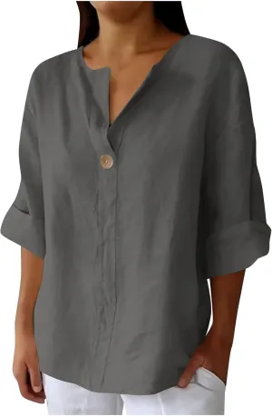 3/4 Sleeve Shirts for Women Solid Color Basic Summer Tops Casual Button V-Neck Pullover Blouse Ladies Tunic Tshirt