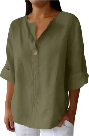 3/4 Sleeve Shirts for Women Solid Color Basic Summer Tops Casual Button V-Neck Pullover Blouse Ladies Tunic Tshirt