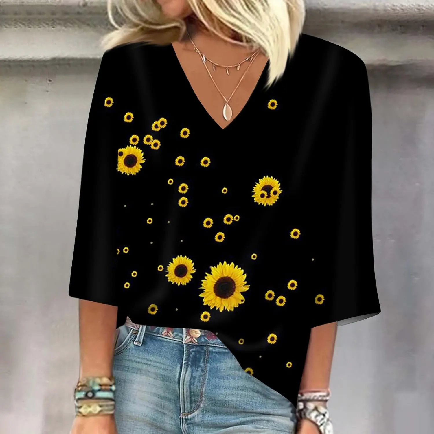 3/4 Sleeve T Shirts for Women V Neck 3/4 Sleeve Pullover Floral Print Baggy T Shirts Business Cute Work Tops