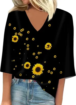 3/4 Sleeve T Shirts for Women V Neck 3/4 Sleeve Pullover Floral Print Baggy T Shirts Business Cute Work Tops