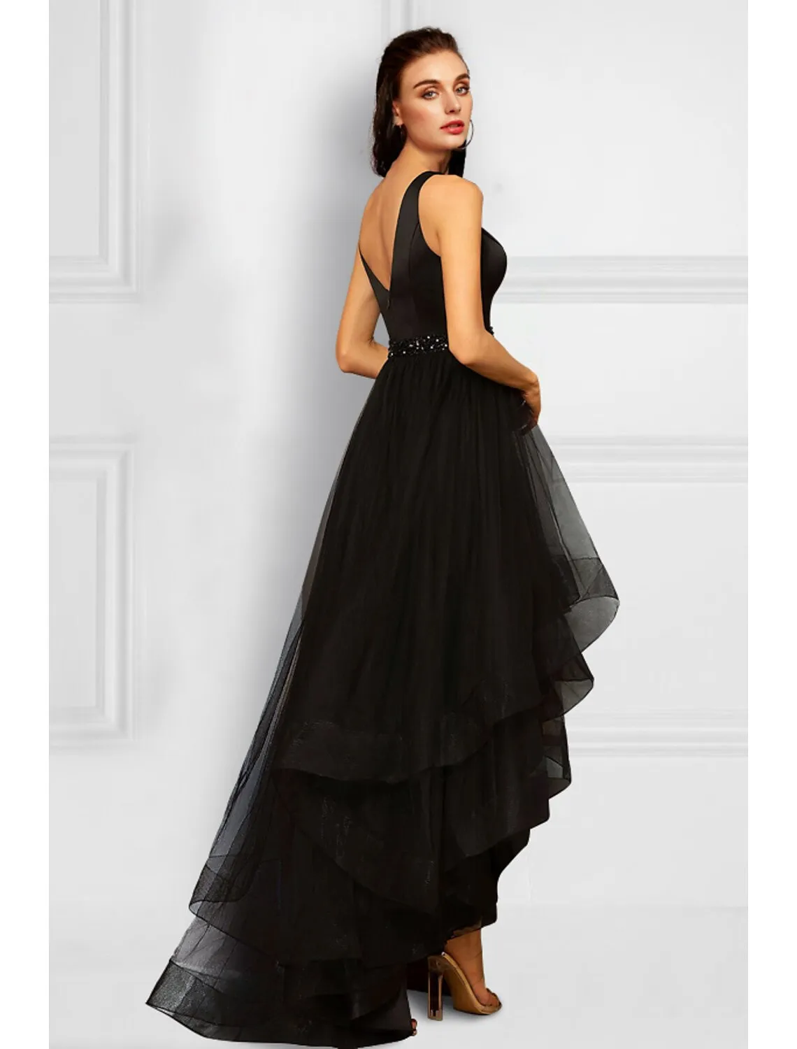 A-Line Cocktail Dresses Elegant Dress Party Wear Wedding Party Asymmetrical Sleeveless V Neck Organza with Rhinestone