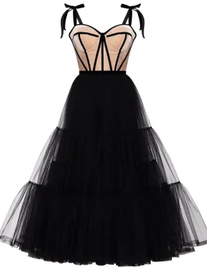 A-Line Cocktail Dresses Party Black Dress Plus Size Wedding Guest Cocktail Party Tea Length Sleeveless Sweetheart Wednesday Addams Family Tulle with Pleats Tiered