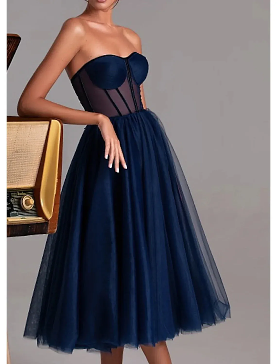 A-Line Cocktail Dresses Party Dress Cocktail Party Tea Length Sleeveless Sweetheart Fall Wedding Guest Tulle with Pleat
