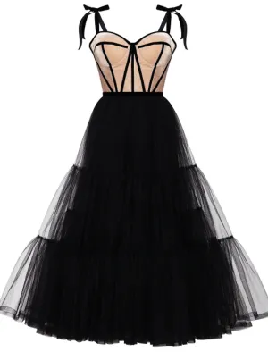 A-Line Cocktail Dresses Party Dress Cocktail Party Tea Length Sleeveless Sweetheart Wednesday Addams Family Tulle with Pleats Tiered