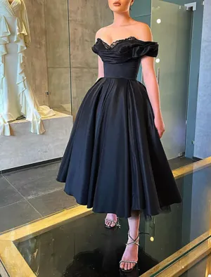 A-Line Prom Dresses Elegant Dress Masquerade Formal Dresses Wedding Party Tea Length Short Sleeve Off Shoulder Fall Wedding Guest Satin