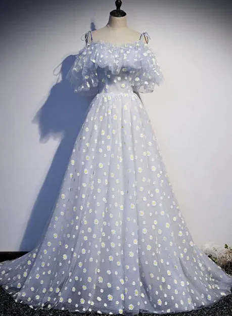A-line Tulle Blue Off Shoulder Prom Dresses Long Evening Dresses Party Dresses Formal Dress With Flowers Wholesale
