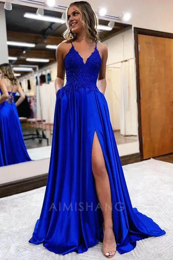 A-line V-neck Satin Spaghetti Straps Prom Dresses Charming Evening Party Dresses With Slit