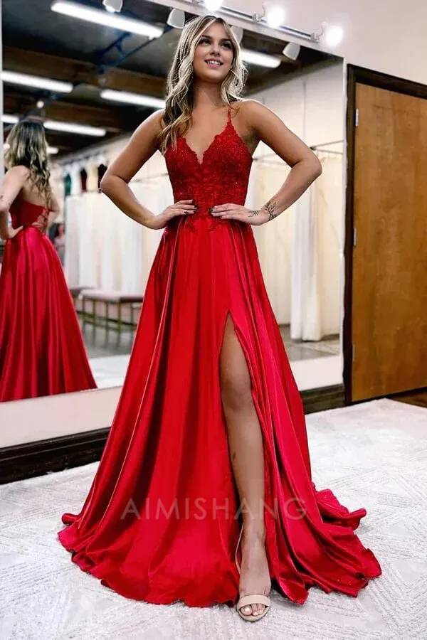 A-line V-neck Satin Spaghetti Straps Prom Dresses Charming Evening Party Dresses With Slit