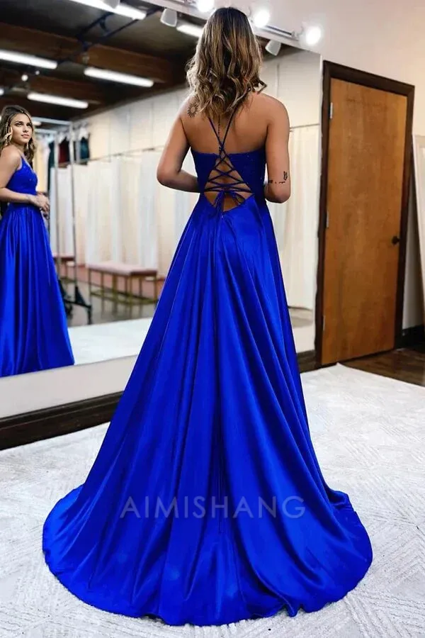 A-line V-neck Satin Spaghetti Straps Prom Dresses Charming Evening Party Dresses With Slit