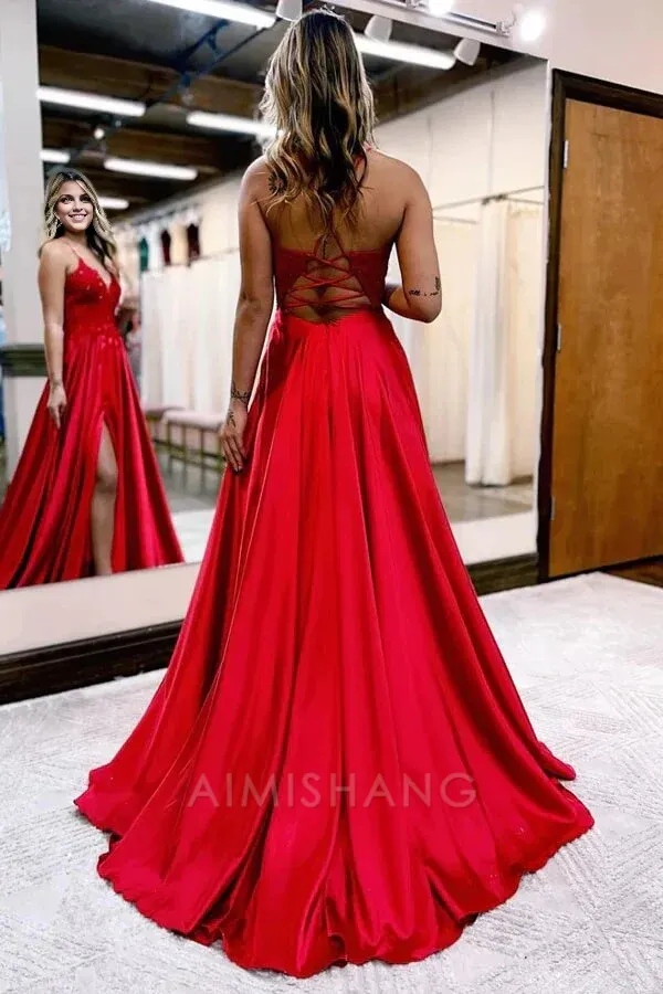 A-line V-neck Satin Spaghetti Straps Prom Dresses Charming Evening Party Dresses With Slit