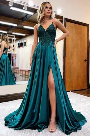 A-line V-neck Satin Spaghetti Straps Prom Dresses Charming Evening Party Dresses With Slit
