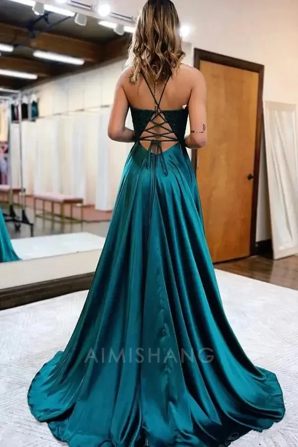 A-line V-neck Satin Spaghetti Straps Prom Dresses Charming Evening Party Dresses With Slit