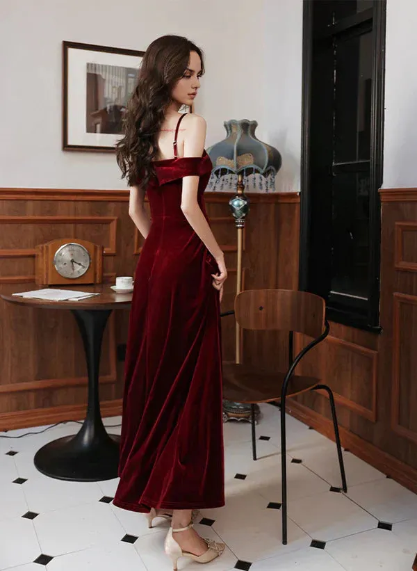 A-Line Velvet Simple Sweetheart Off Shoulder Party Dress Velvet Prom Dress Wedding Guest Party Dresses Evening Dress