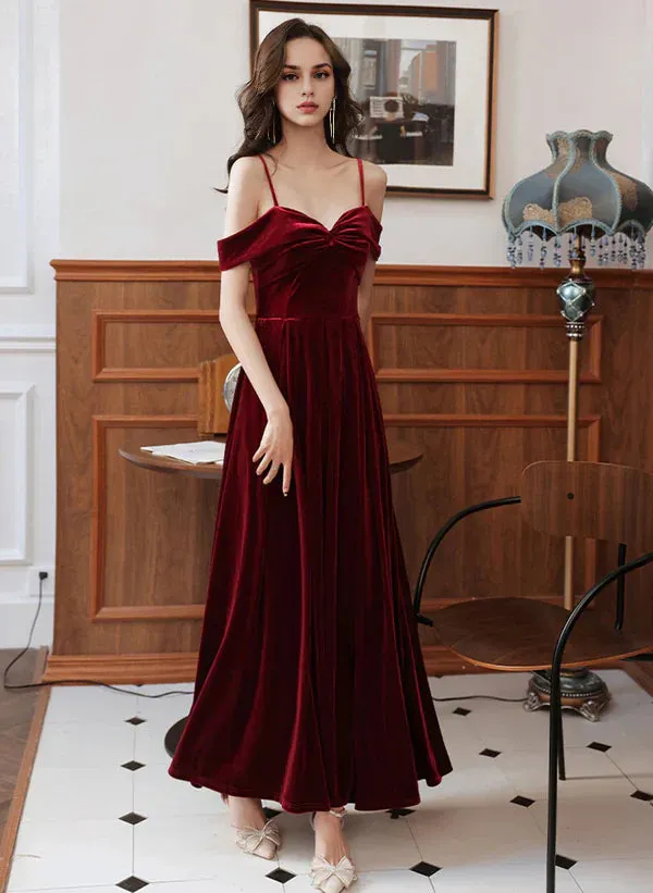 A-Line Velvet Simple Sweetheart Off Shoulder Party Dress Velvet Prom Dress Wedding Guest Party Dresses Evening Dress