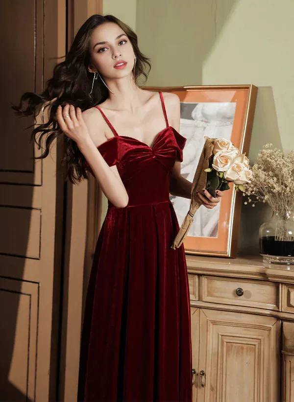 A-Line Velvet Simple Sweetheart Off Shoulder Party Dress Velvet Prom Dress Wedding Guest Party Dresses Evening Dress