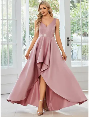 A-Line Wedding Guest Dresses Casual Dress Party Wear Wedding Party Asymmetrical Sleeveless V Neck Satin with Ruffles Pure Color