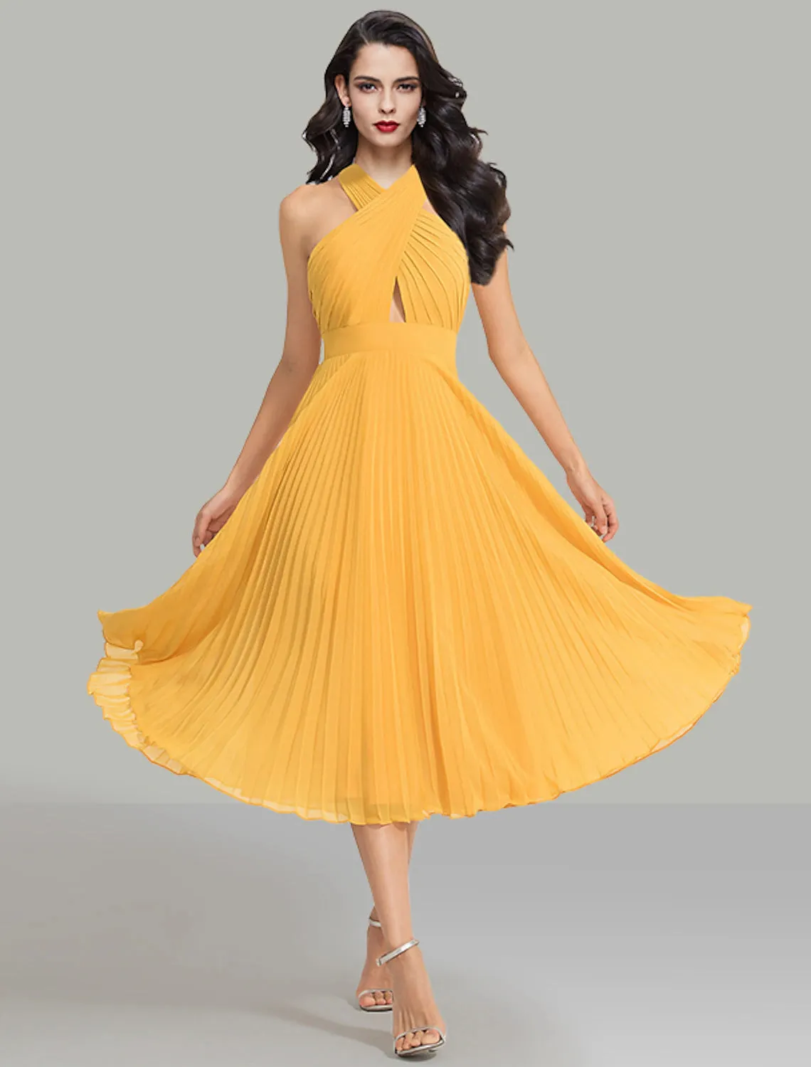 A-Line Wedding Guest Dresses Elegant Dress Cocktail Party Wedding Party Tea Length Sleeveless Halter Neck Chiffon
