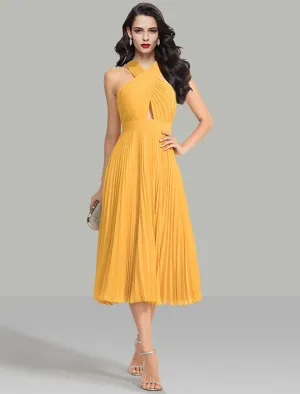 A-Line Wedding Guest Dresses Elegant Dress Cocktail Party Wedding Party Tea Length Sleeveless Halter Neck Chiffon