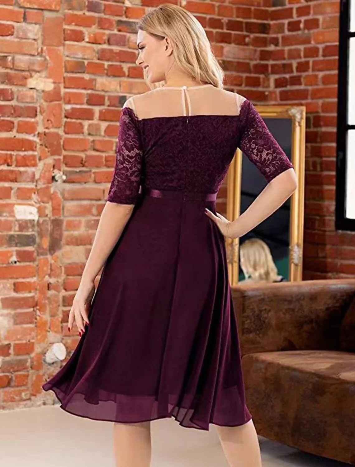 Aimishang  A-Line Cocktail Dresses Vintage Dress Party Wear Cocktail Party Knee Length Half Sleeve Jewel Neck Fall Wedding Guest Lace with Pleats