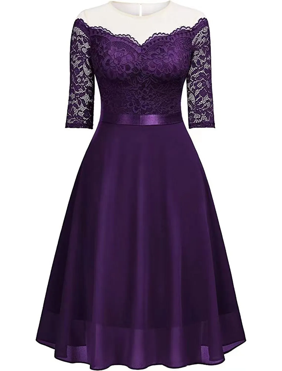 Aimishang  A-Line Cocktail Dresses Vintage Dress Party Wear Cocktail Party Knee Length Half Sleeve Jewel Neck Fall Wedding Guest Lace with Pleats