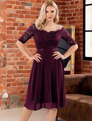 Aimishang  A-Line Cocktail Dresses Vintage Dress Party Wear Cocktail Party Knee Length Half Sleeve Jewel Neck Fall Wedding Guest Lace with Pleats