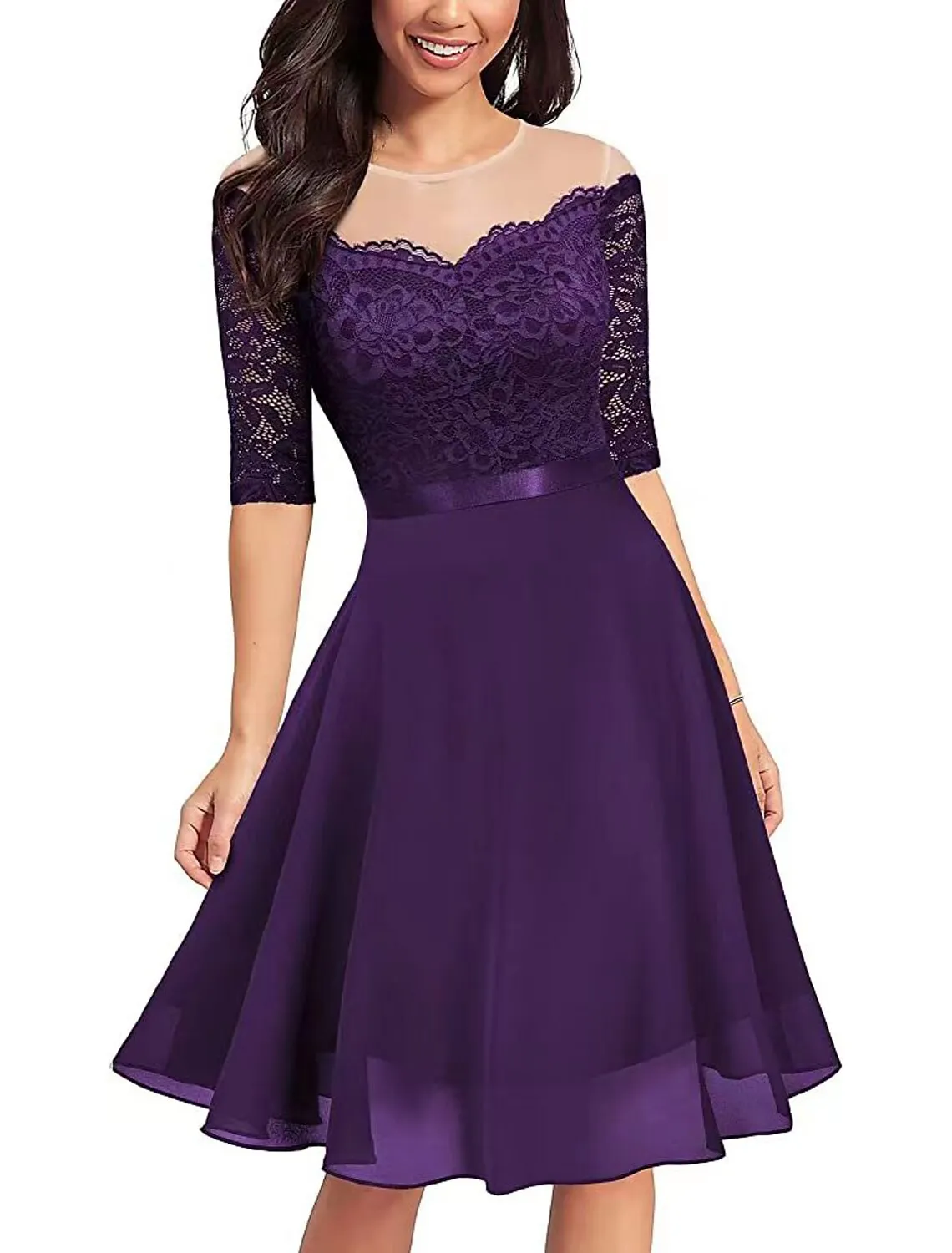 Aimishang  A-Line Cocktail Dresses Vintage Dress Party Wear Cocktail Party Knee Length Half Sleeve Jewel Neck Fall Wedding Guest Lace with Pleats