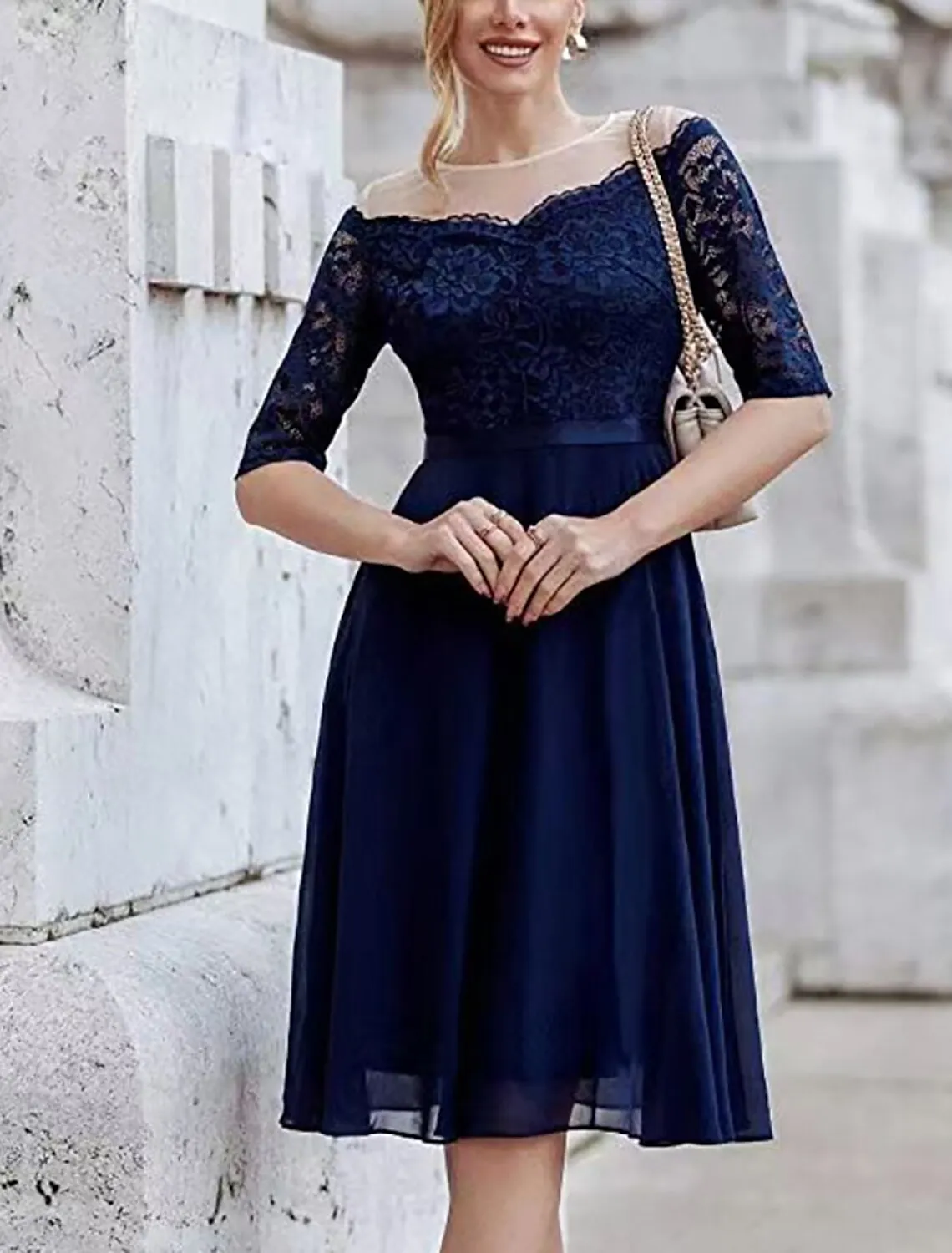 Aimishang  A-Line Cocktail Dresses Vintage Dress Party Wear Cocktail Party Knee Length Half Sleeve Jewel Neck Fall Wedding Guest Lace with Pleats