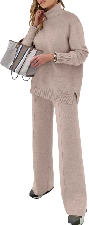 ANRABESS Womens 2 Piece Outfits Sweater Sets Loose Turtlenck Knit Pullover Top Wide Leg Pants 2024 Fall Lounge Sweatsuits