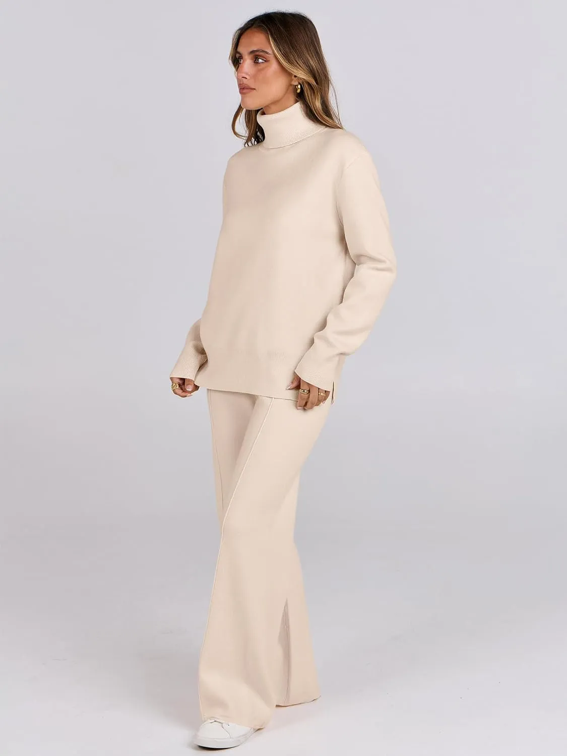 ANRABESS Womens 2 Piece Outfits Sweater Sets Loose Turtlenck Knit Pullover Top Wide Leg Pants 2024 Fall Lounge Sweatsuits
