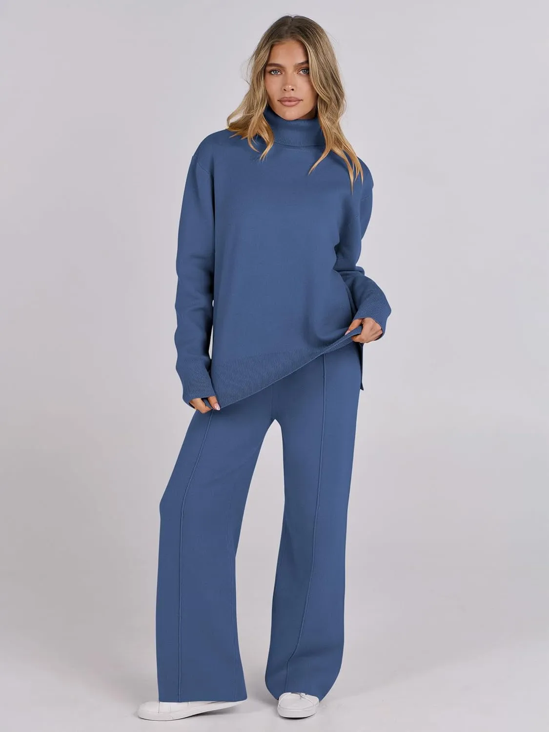 ANRABESS Womens 2 Piece Outfits Sweater Sets Loose Turtlenck Knit Pullover Top Wide Leg Pants 2024 Fall Lounge Sweatsuits