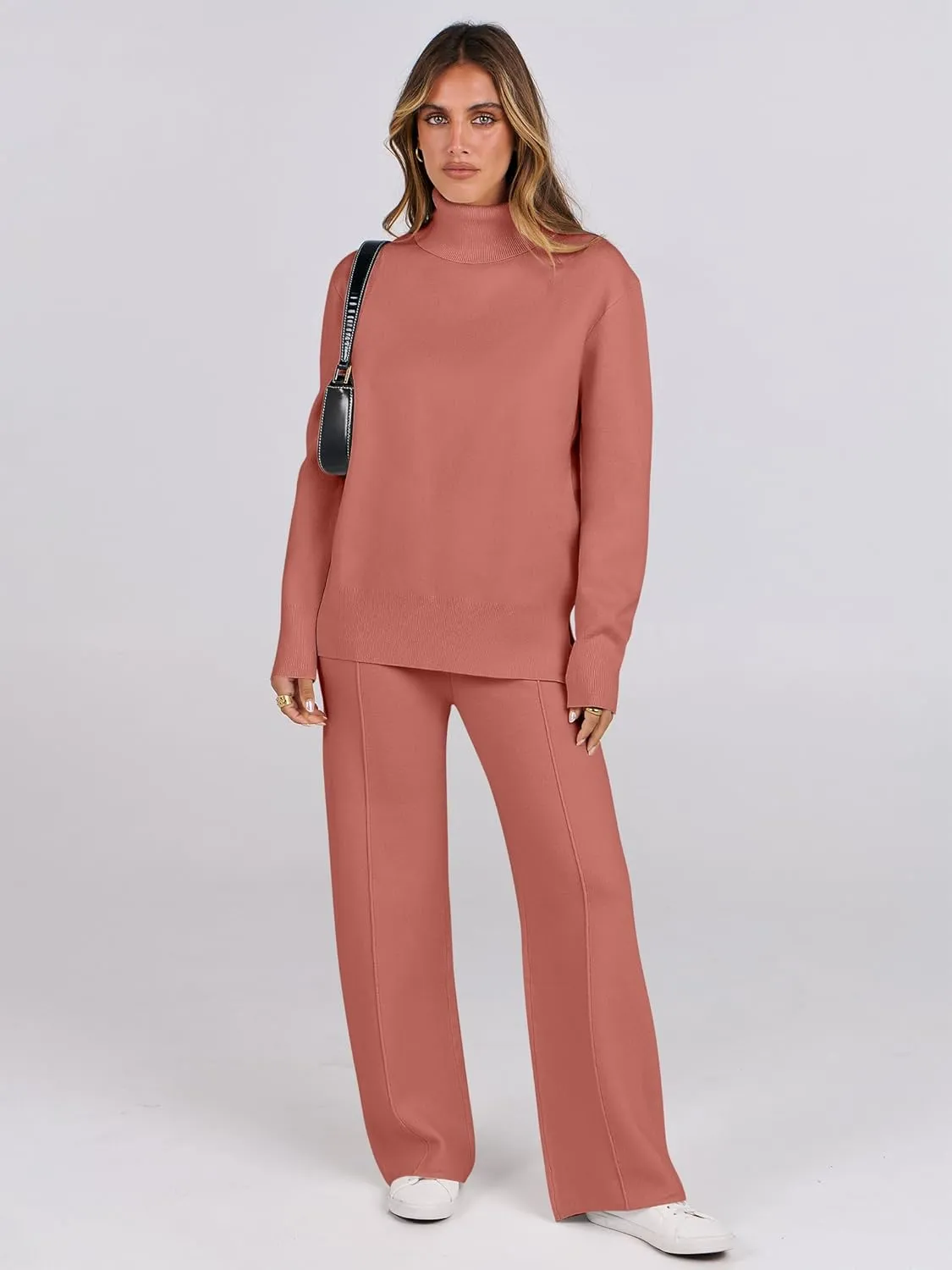 ANRABESS Womens 2 Piece Outfits Sweater Sets Loose Turtlenck Knit Pullover Top Wide Leg Pants 2024 Fall Lounge Sweatsuits
