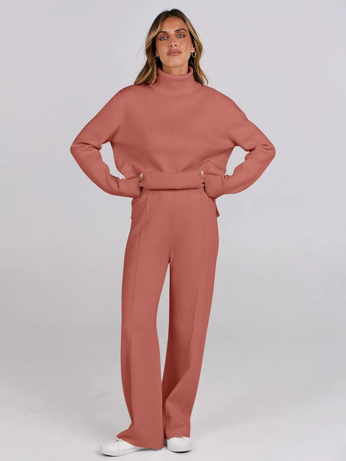 ANRABESS Womens 2 Piece Outfits Sweater Sets Loose Turtlenck Knit Pullover Top Wide Leg Pants 2024 Fall Lounge Sweatsuits