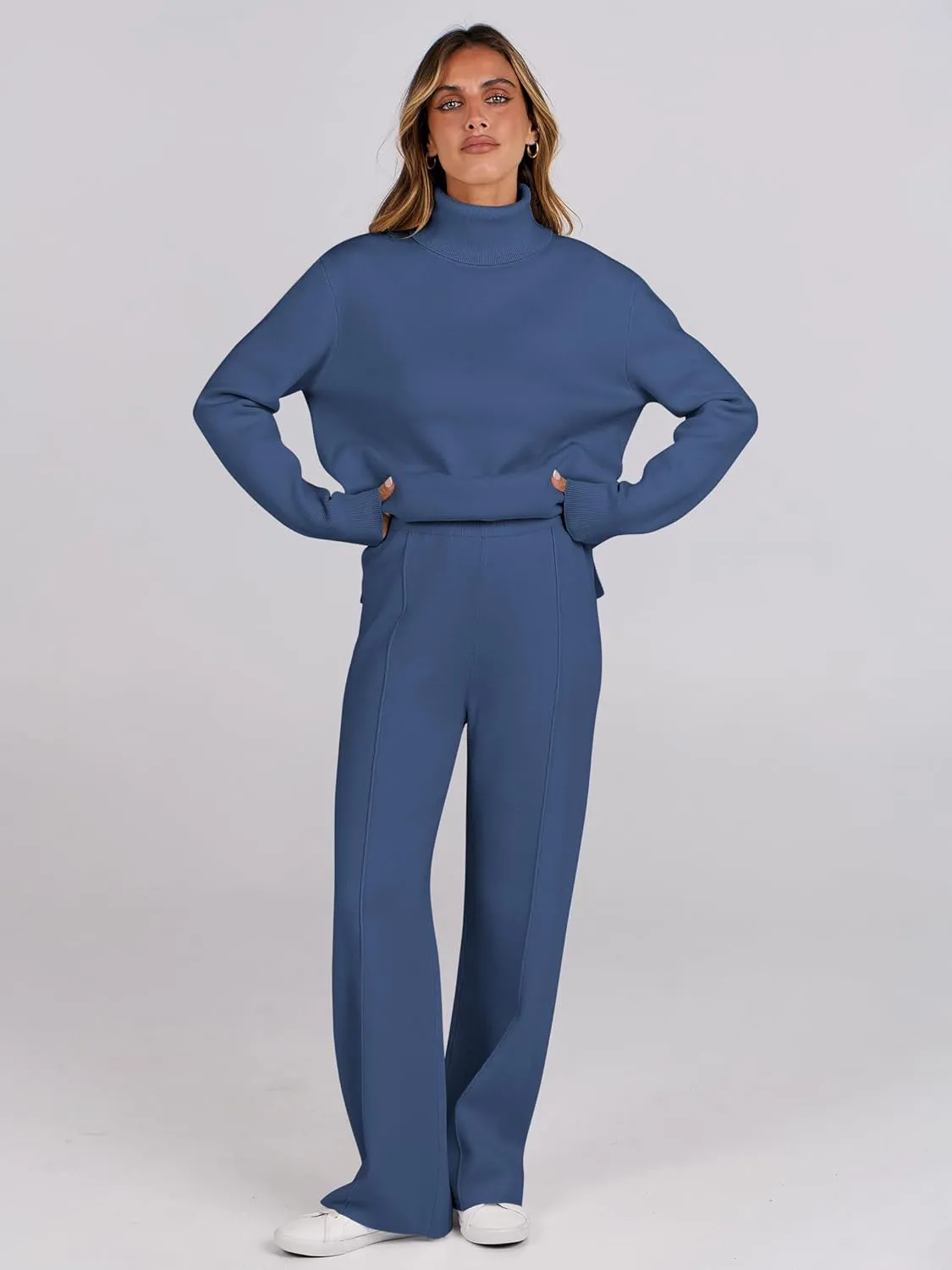 ANRABESS Womens 2 Piece Outfits Sweater Sets Loose Turtlenck Knit Pullover Top Wide Leg Pants 2024 Fall Lounge Sweatsuits
