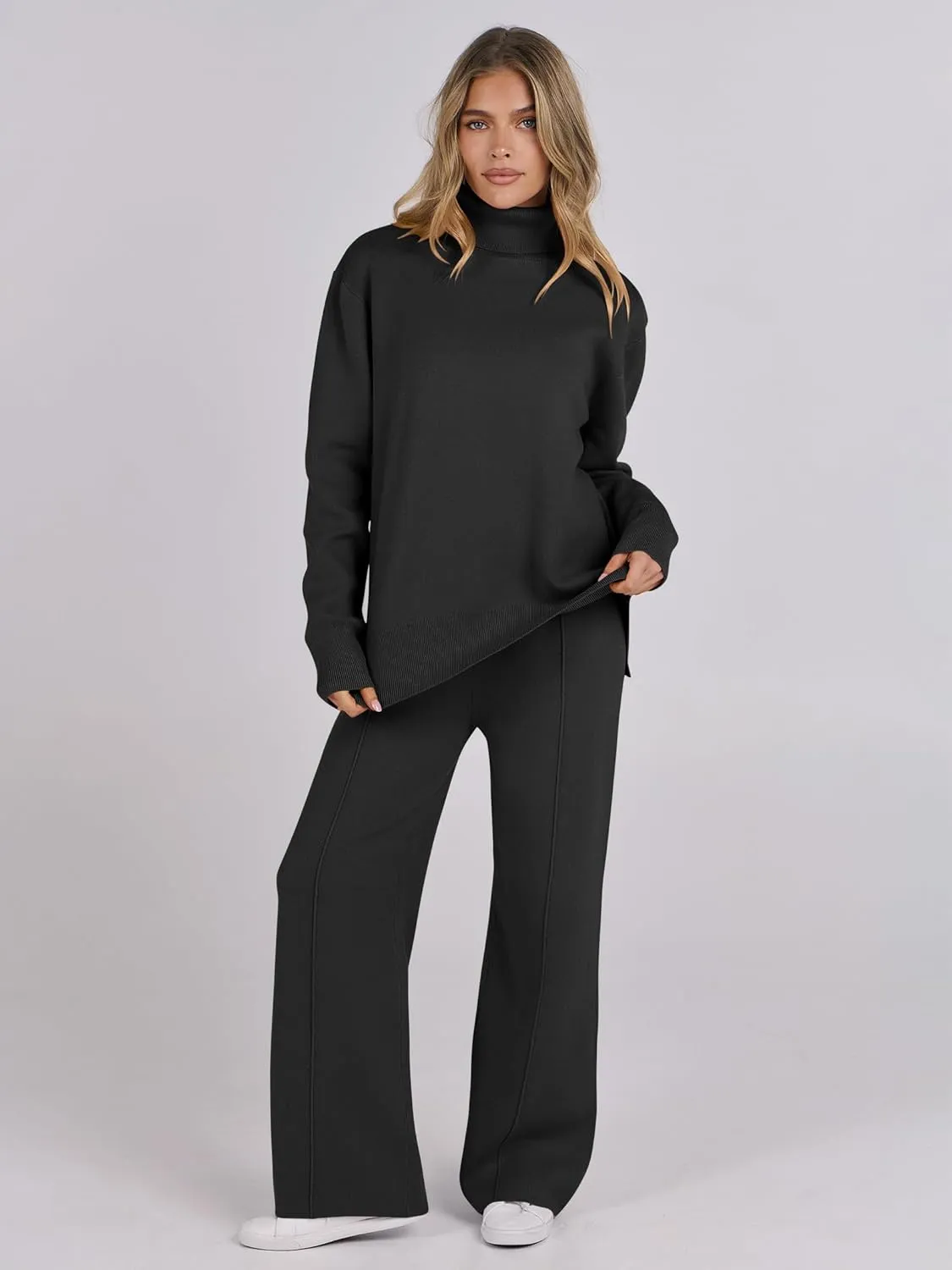 ANRABESS Womens 2 Piece Outfits Sweater Sets Loose Turtlenck Knit Pullover Top Wide Leg Pants 2024 Fall Lounge Sweatsuits
