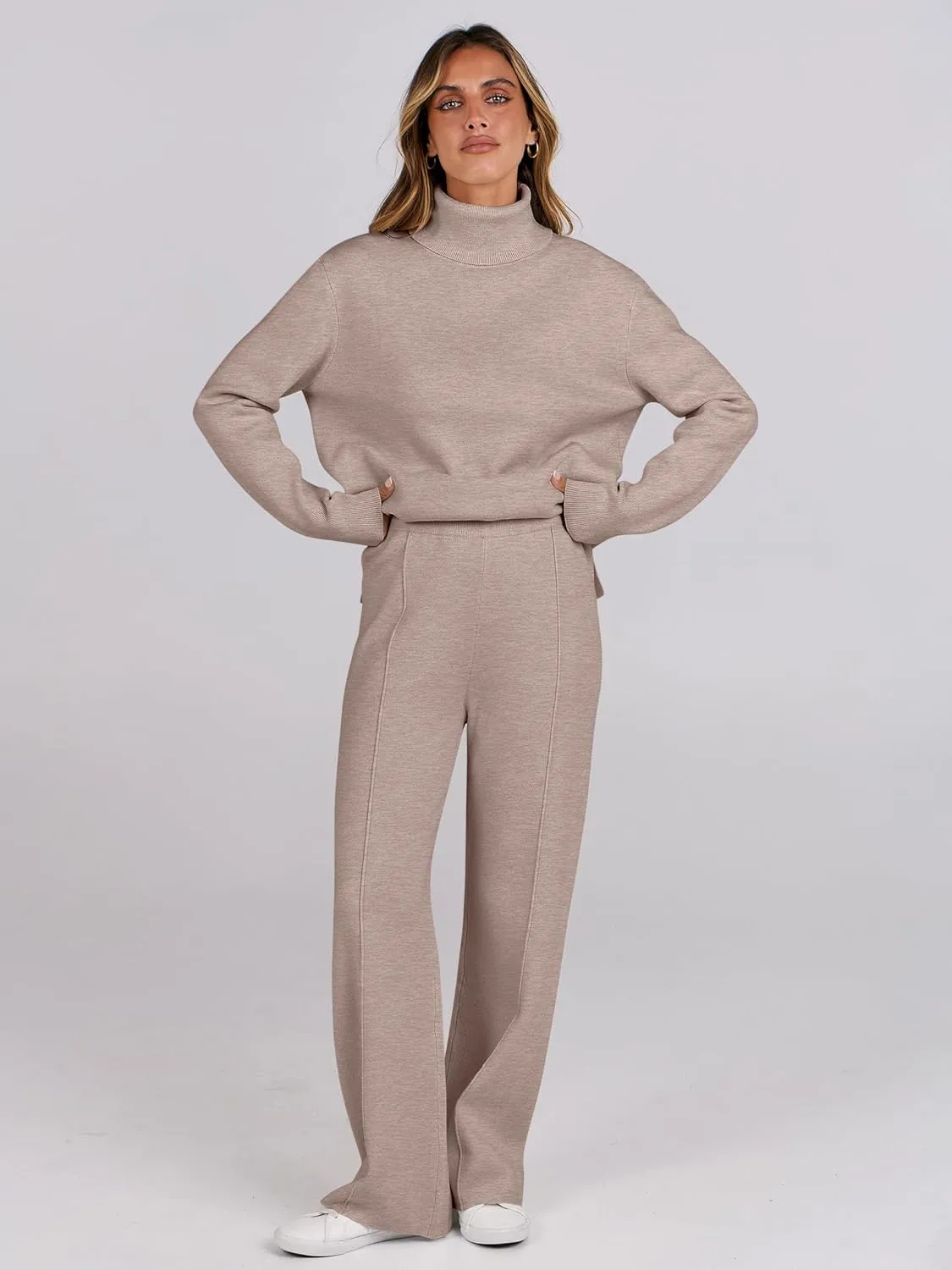 ANRABESS Womens 2 Piece Outfits Sweater Sets Loose Turtlenck Knit Pullover Top Wide Leg Pants 2024 Fall Lounge Sweatsuits