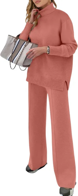 ANRABESS Womens 2 Piece Outfits Sweater Sets Loose Turtlenck Knit Pullover Top Wide Leg Pants 2024 Fall Lounge Sweatsuits