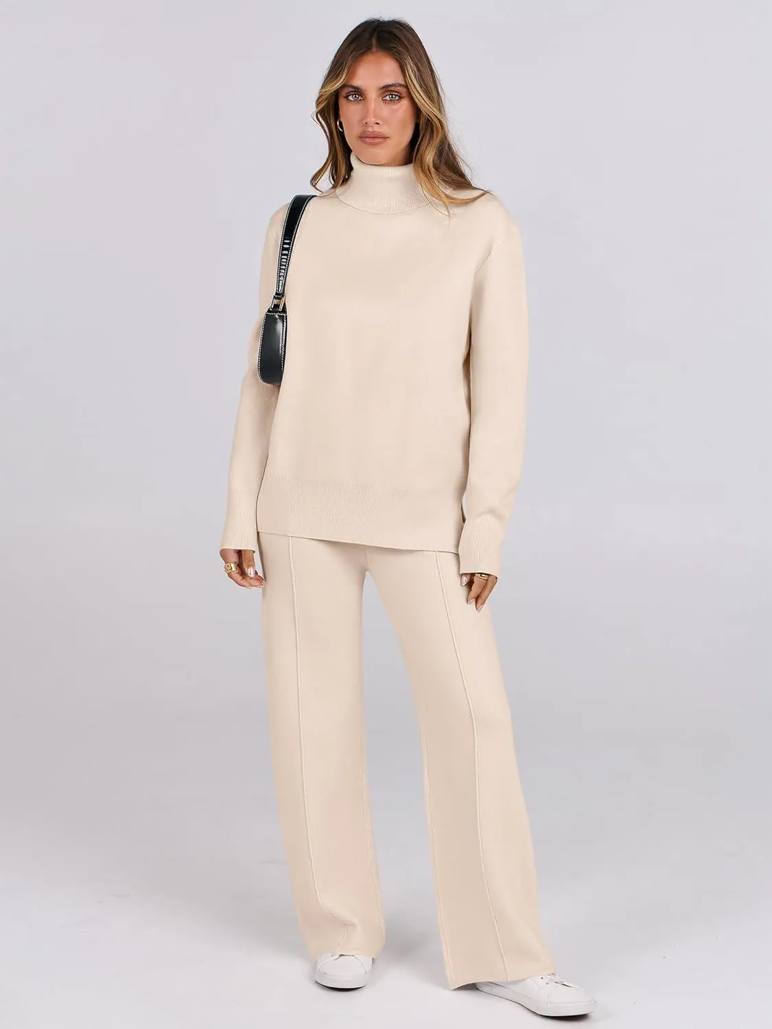 ANRABESS Womens 2 Piece Outfits Sweater Sets Loose Turtlenck Knit Pullover Top Wide Leg Pants 2024 Fall Lounge Sweatsuits