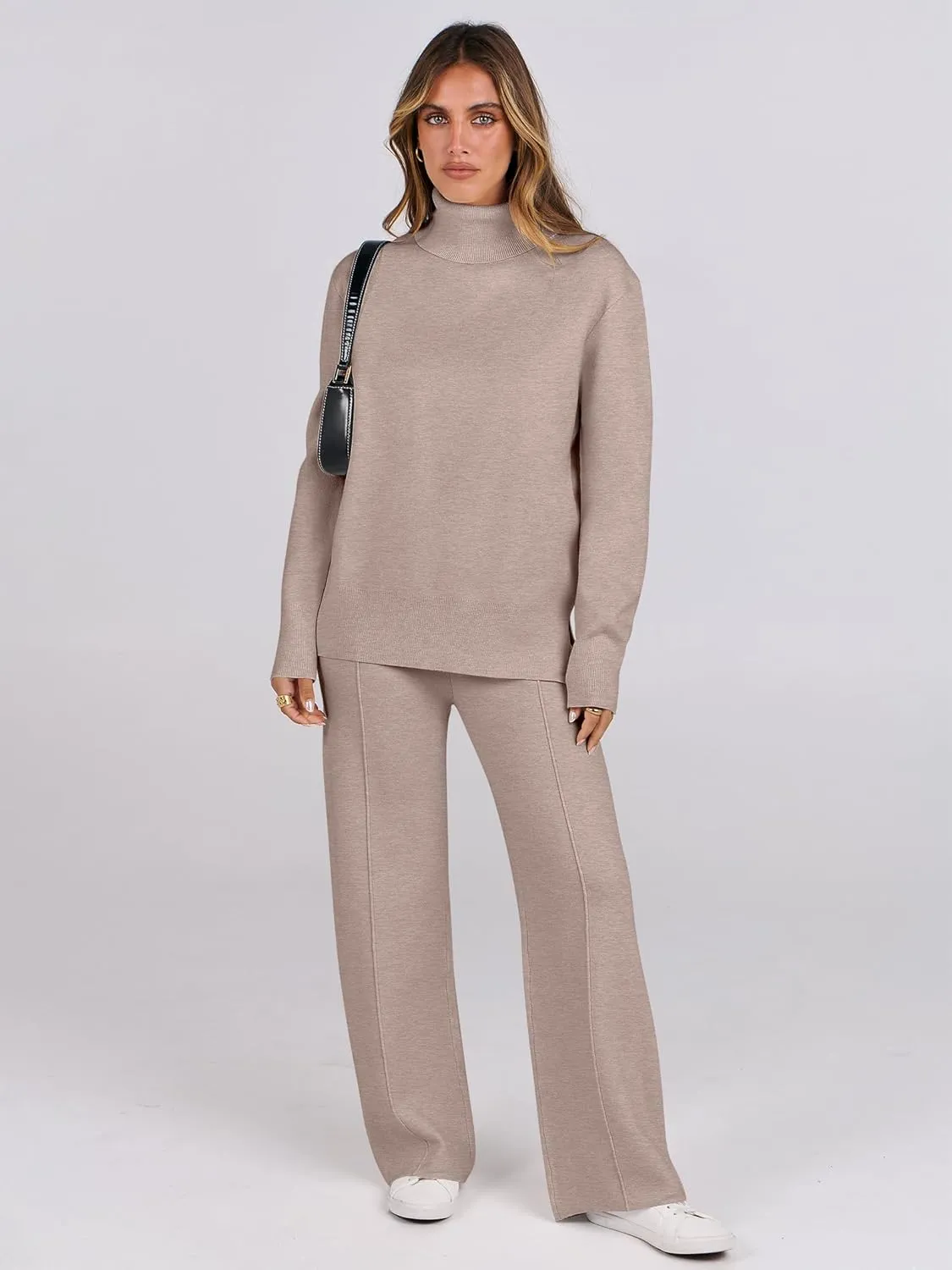 ANRABESS Womens 2 Piece Outfits Sweater Sets Loose Turtlenck Knit Pullover Top Wide Leg Pants 2024 Fall Lounge Sweatsuits