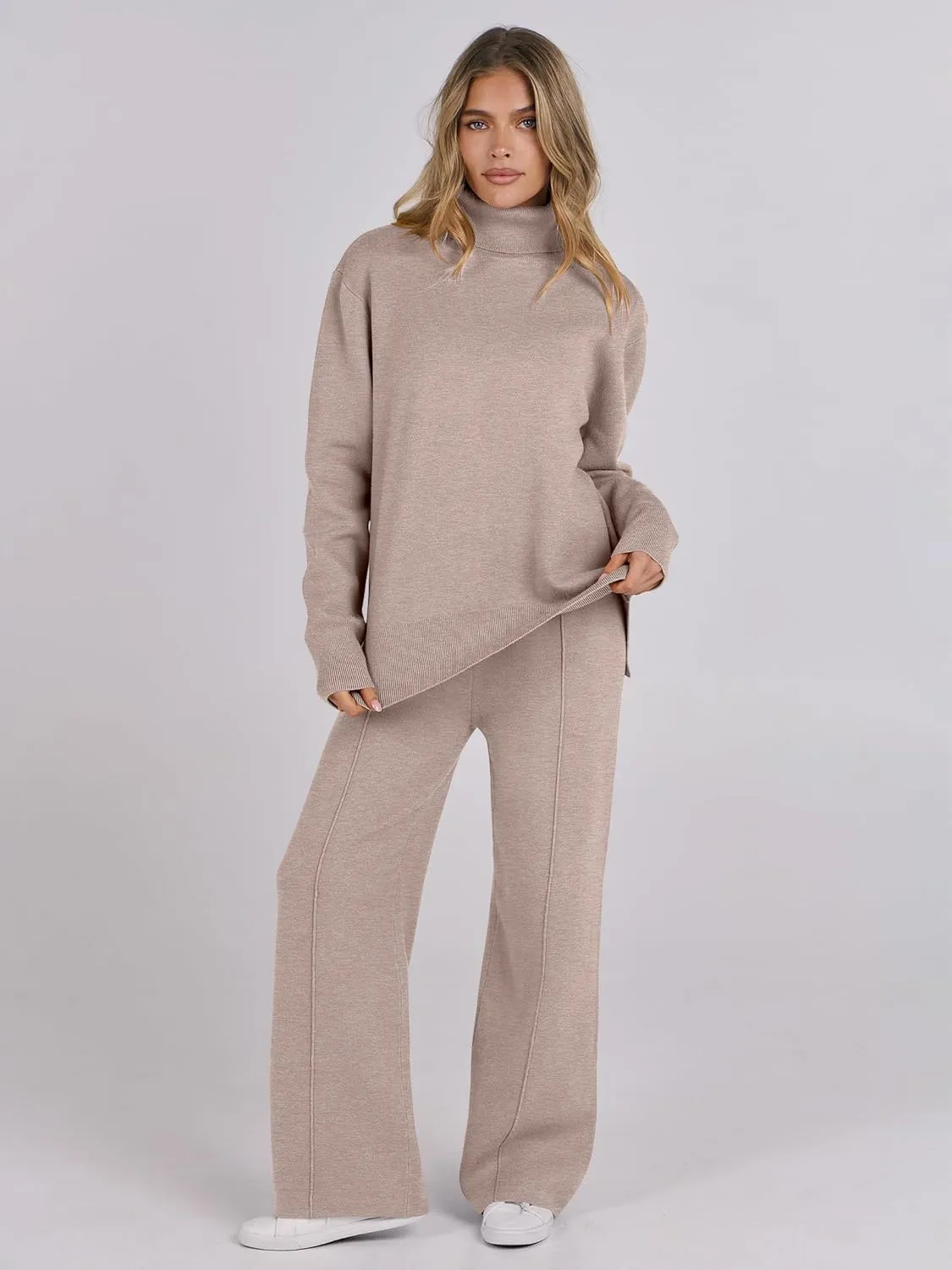 ANRABESS Womens 2 Piece Outfits Sweater Sets Loose Turtlenck Knit Pullover Top Wide Leg Pants 2024 Fall Lounge Sweatsuits