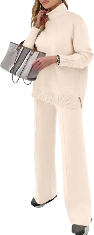 ANRABESS Womens 2 Piece Outfits Sweater Sets Loose Turtlenck Knit Pullover Top Wide Leg Pants 2024 Fall Lounge Sweatsuits