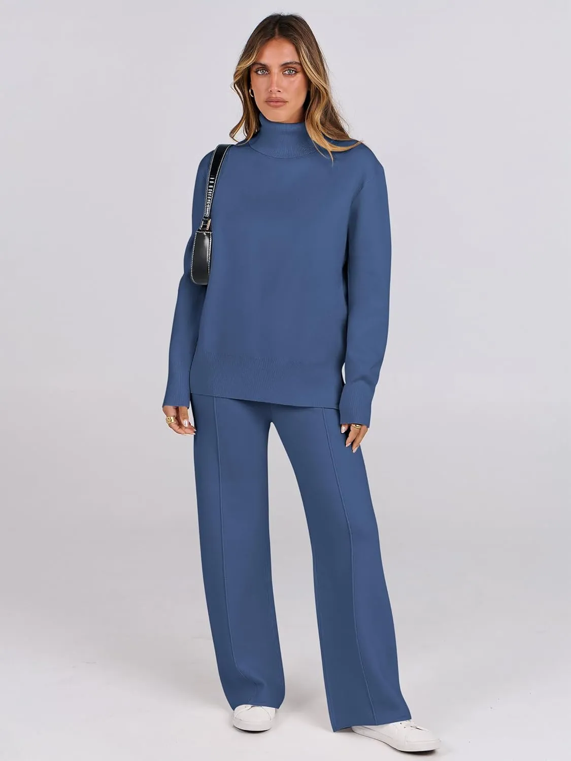 ANRABESS Womens 2 Piece Outfits Sweater Sets Loose Turtlenck Knit Pullover Top Wide Leg Pants 2024 Fall Lounge Sweatsuits