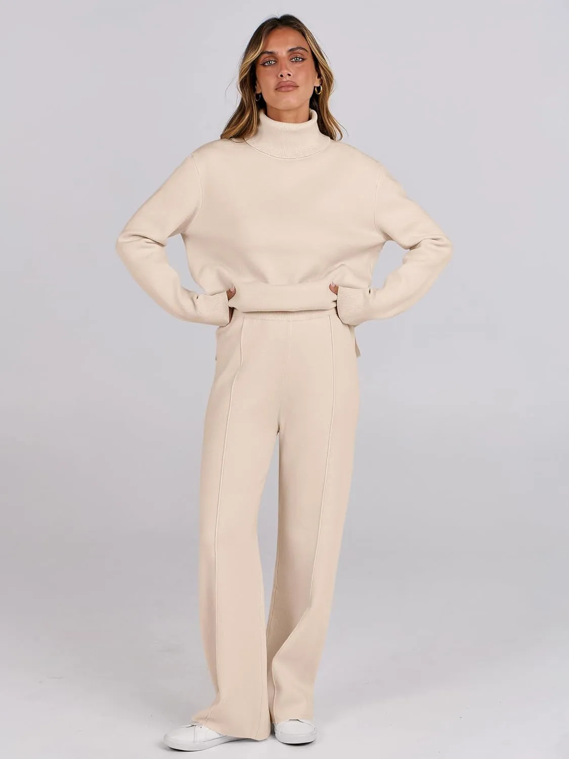 ANRABESS Womens 2 Piece Outfits Sweater Sets Loose Turtlenck Knit Pullover Top Wide Leg Pants 2024 Fall Lounge Sweatsuits